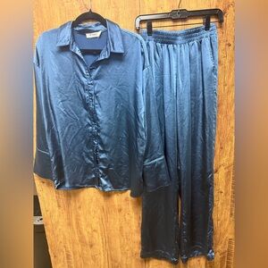 Elegant Blue Satin Pajama Set
